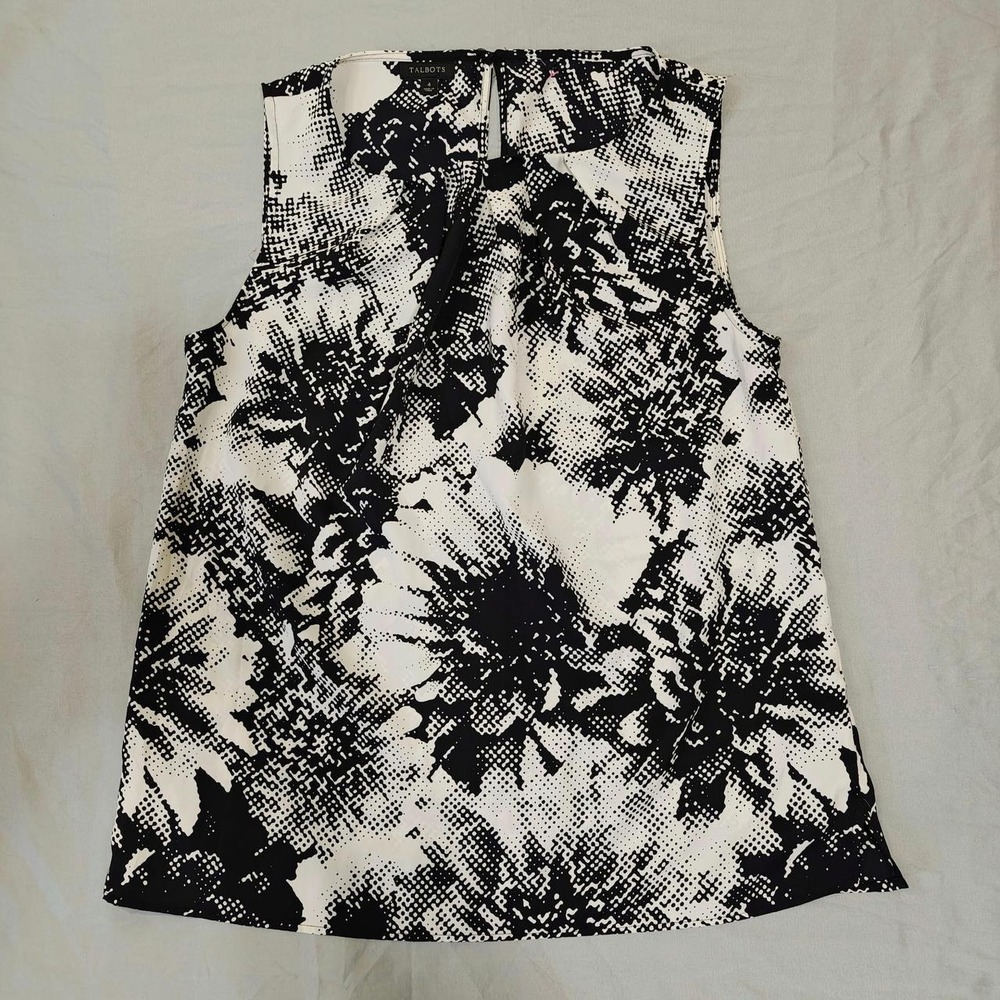 Talbots Womens Black White Floral Sleeveless Keyhole Back Blouse Shell Size 4